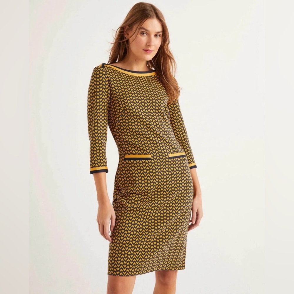 Boden Mustard Yellow & Navy Mod Geometric Knit Dress | US 2 Petite